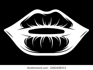 Ilustração de vetor preto e branco de lábios femininos sensuais isolados em fundo preto como design de símbolo de beijo erótico da moda da beleza.