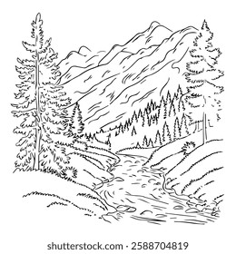 black and white vector illustration of a serene natural landscape