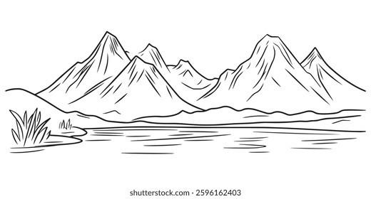 black and white vector illustration of a serene mountain landscape with high peaks and a calm lake, hand-drawn nature scenery sketch