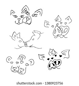 Black and white vector illustration. A set with muzzles of animals in love. Doodle style. Coloring page with cartoons.