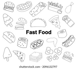 Black and white vector illustration set of fast food for coloring book and doodle