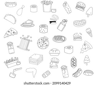 Black and white vector illustration set of fast food for coloring book and doodle