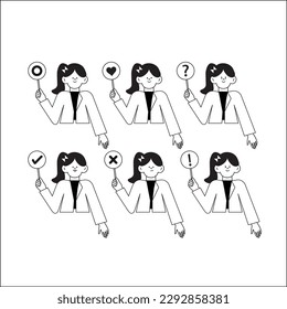 Black and white vector illustration set of women show emoticons express good or bad quality service. Hold like and comment emojis give client feedback , Speech Chat Bubble in Hands