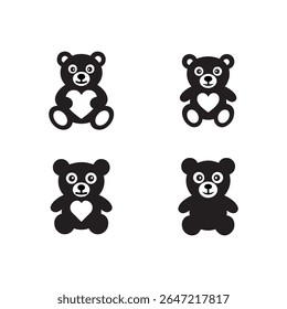 a black and white vector illustration set of a teddy bear on white background