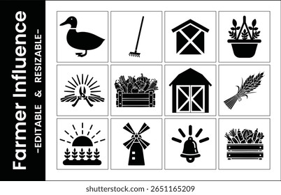 Conjunto De Ilustración vectorial En Blanco Y Negro Que Representa La Granja Y La Agricultura Elementos