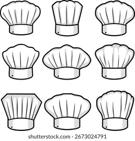 Um conjunto de ilustração de vetor preto e branco de nove diferentes chapéus de chef clássicos. O estilo de arte de linha simples e limpo é perfeito para uso como ícones ou um logotipo.