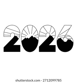 Black and white vector illustration set of silhouette new year 2026 symbol icons for various design