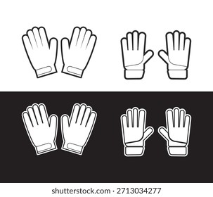 Black and white vector illustration set featuring four pairs of stylized goalie gloves for football or soccer gear design element collection.