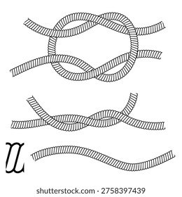 Black and white vector illustration set of rope knots including figure eight, bowline, stopper knot, and self tightening knots. Clean linear style showing marine, climbing, sailing, and outdoor knot techniques. Isolated elements on white background.