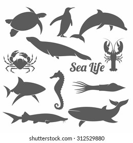 black and white vector illustration set of silhouettes of sea animals in the minimal style / Minimal sea animals vector illustration