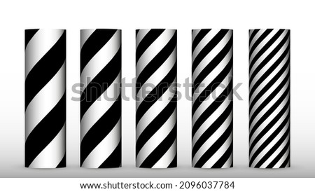 Black and white vector illustration of a set of 5 spiral striped cylinders with different stripes dimensions. 