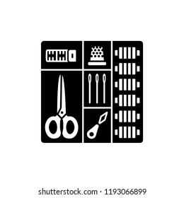 Black & white vector illustration of sewing kit in box. Flat icon of quilting, patchwork & needlework tools in one set. Scissors, threads, needles. Isolated object on white background. 