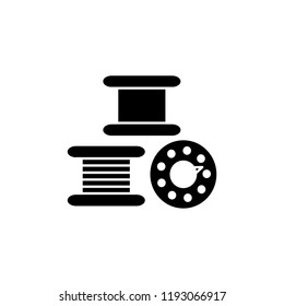 Black & white vector illustration of sewing machine bobbins. Flat icon of round thread spools. Patchwork & craft accessories. Isolated objects on white background. 