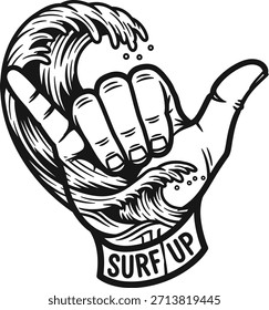 Ilustración vectorial en blanco y negro de un gesto de mano de shaka con detalles de tatuaje para surf y vibraciones de frío sobre un fondo transparente.