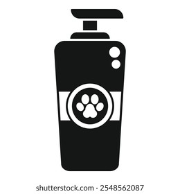 Black and white vector illustration of a shampoo or soap bottle for pet grooming with paw print label
