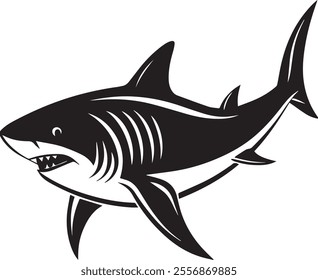 Black and white vector illustration of a shark in a cartoon-like manner