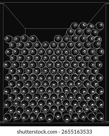 A black and white vector illustration of a shelf outline filled with stacked white candles on a dark background. The minimalist design features clean lines and symmetrical arrangement, creating an.