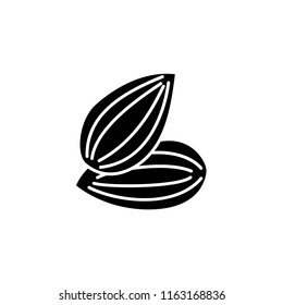 Black & white vector illustration of shelled almond. Flat icon of nut. Vegan & vegetarian food. Health eating ingredient. Isolated object on white background. 