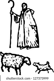 Black and white vector illustration of shepherd with sheep