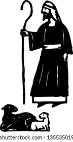 Black And White Vector Illustration Of Shepherd With Sheep