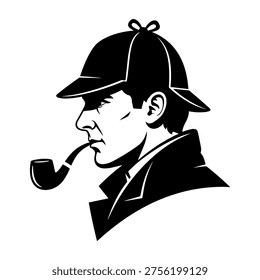 A black and white vector illustration of Sherlock Holmes' profile, wearing a deerstalker hat and smoking a pipe, in a classic detective style. Ideal for mystery, literature, or educational commercial uses.