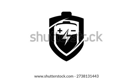 A black and white vector illustration of a shield containing a battery symbol with plus and minus terminals, and a lightning bolt. The shield is outlined and has a curved element on the left. Editable vector file.