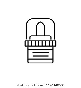 Black & white vector illustration of shoe cream & polish with brush for leather footwear. Line icon of shoe care products to restore color, shine. Isolated object on white background. 