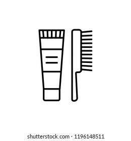 Black & White Vector Illustration Of Shoe Cream Or Polish Tube With Brush For Leather Footwear. Line Icon Of Shoe Care Product To Restore Color, Shine. Isolated Object On White Background. 