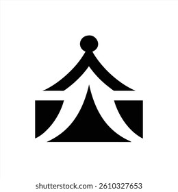 A black and white vector illustration showcases a simple circus tent design. The tent features a prominent peak and flowing curves, symbolizing fun and entertainment.