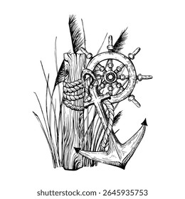 Black and white vector illustration showcases a maritime-themed composition. A wooden post wrapped in rope, a classic ship's wheel, and an anchor. Surrounded by sea grass. Hand drawn graphic sketch.