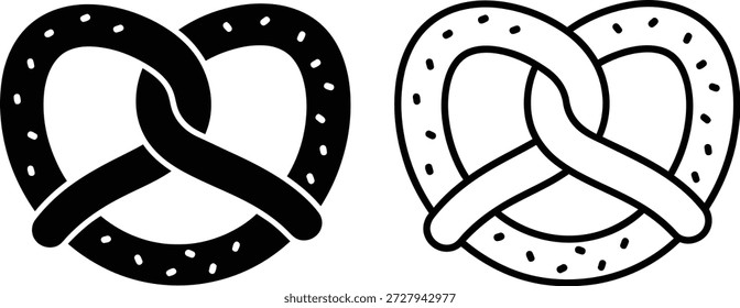 Uma ilustração vetorial em preto e branco apresenta dois pretzels, um preto sólido com textura e o outro um desenho em linha. Ideal para projetos culinários, gráficos e projetos de temática culinária.