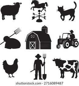 Ilustración vectorial en blanco y negro que muestra varios animales de granja y Elementos agrícolas. Incluye animales de granja como ovejas, caballos, gatos, pollos y vacas, junto con granero, tractor, agricultor y tenedor de heno. Adecuado para ilustrar temas de la vida rural, la agricultura, la ganadería y la agricultura. Utilícelo en proyectos relacionados con la educación, los libros infantiles o las empresas agrícolas.