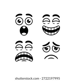 Una Ilustración vectorial en blanco y negro que muestra un conjunto de cuatro expresiones faciales de dibujos animados diferentes dispuestas en una cuadrícula. La cara superior izquierda muestra sorpresa o shock con los ojos y la boca bien abiertos. La cara superior derecha transmite alegría y risa con los ojos cerrados y sonrientes y una amplia sonrisa que revela los dientes. La cara inferior izquierda representa angustia o miedo, caracterizada por cejas profundamente fruncidas y una boca abierta con dientes. Por último, la cara inferior derecha muestra tristeza o preocupación con los ojos caídos y un fruncido sutil. Estos rostros expresivos son simples pero efectivos para comunicar varios sentimientos humanos.