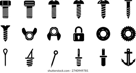 A black and white vector illustration showcasing a diverse collection of industrial and mechanical components, including various screws, nuts, pins, a padlock, a gear, and an anchor symbol, arranged neatly on a white background.