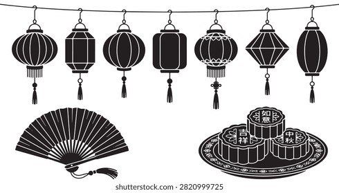 Black and white vector illustration showcasing traditional Chinese cultural elements, including a string of decorative lanterns, a folding hand fan, and mooncakes on a plate.