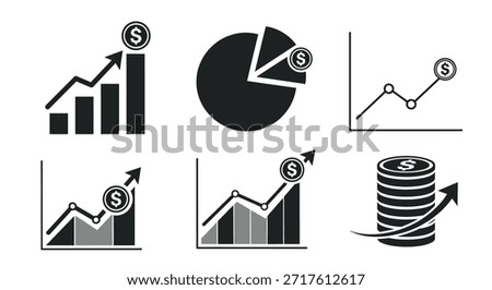 Black and white vector illustration showcasing financial growth concepts using different chart and graph icons, each adorned with a dollar symbol. Representing business progress, upward trends, and