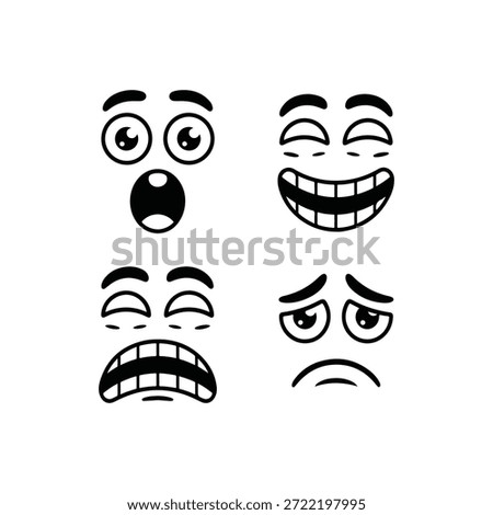 A black and white vector illustration showcasing a set of four distinct cartoon facial expressions arranged in a grid. The top-left face displays surprise or shock with wide-open eyes and mouth. The top-right face conveys joy and laughter with closed, smiling eyes and a wide grin revealing teeth. The bottom-left face depicts distress or fear, characterized by deeply furrowed brows and a gaping mouth with teeth. Lastly, the bottom-right face exhibits sadness or worry with downturned eyes and a subtle frown. These expressive faces are simple yet effective in communicating various human feelings.
