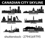 Black and white vector illustration showing silhouettes of skylines for six Canadian cities with text labels.