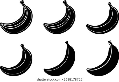 Black and white vector illustration showing a set of silhouette banana fruits on white background