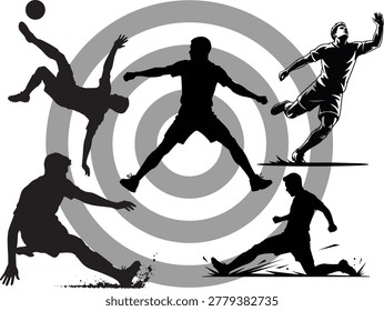 Black and white vector illustration showing multiple football players in various action poses such as kicking, jumping, and running, set against concentric target circles.
