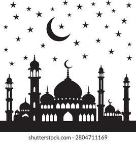 Black and white vector illustration showing a majestic mosque silhouette under a starry night sky scene