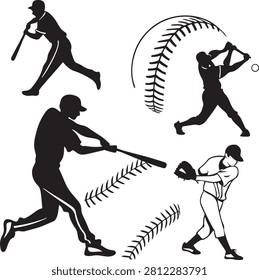 Black and white vector illustration showing multiple baseball players swinging bats during a professional game