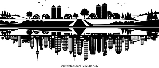 A black and white vector illustration showing a rural farm landscape reflected as a modern urban city skyline. This conceptual design represents urbanization and the contrast between country and city living.