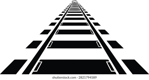 A black and white vector illustration showing a perspective view of railway tracks receding into the distance, symbolizing a journey or path forward.