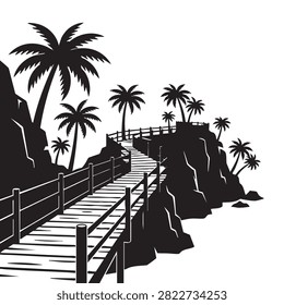 Black and white vector illustration showing rustic wooden pier or walkway winding along tropical coastal cliff lined with palm trees. Dynamic composition of steep rocky terrain overlooking ocean waves perfect for travel brochures vacation advertisements or tropical landscape design projects.