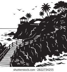 Black and white vector illustration showing elegant tropical boardwalk winding up stone cliff featuring gazebo and stone bridge overlooking ocean. Beautiful summer resort landscape design with palm trees and crashing waves ideal for travel posters brochure backgrounds or vacation advertisements.