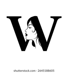 A black and white vector illustration shows a woman's profile silhouette within a bold black letter W The style is minimalist and graphic