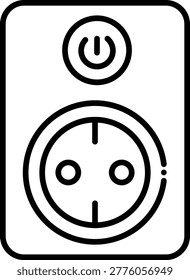 A black and white vector illustration shows a European-style power socket with a prominent power button icon above it, perfect for illustrating energy concepts or electrical safety. The clean, minimalist design makes it ideal for use in educational materials, technical documents, or website graphics.