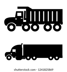 Black and White vector illustration of side view of trucks.