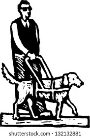 Black and white vector illustration of sight disabled man with guiding dog